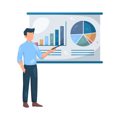 Illustration of Man Presenting Business Data Graph on Whiteboard