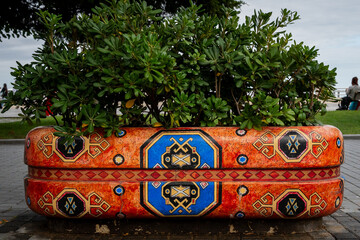 Decorative Planter with Geometric Design in Urban Setting