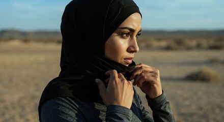 Portrait of strong muslim woman in hijab standing in desert. Active female athlete with determined expression during outdoor workout