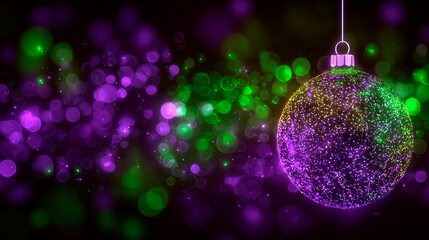 Glittering purple and green Christmas bauble hangs on a string against a vibrant neon bokeh background with ample copy space on the right.