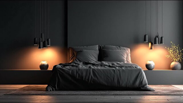 Elegant modern bedroom interior design with dark gray tones and lighting