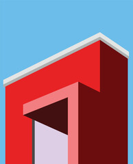 Abstract minimal building with blue sky background. Geometric Modern Architecture Illustration. Minimal Colorful Building on a Sunny Day. Abstract Shapes and Flat colorful building Design. Modern art.