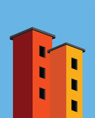 Abstract minimal building with blue sky background. Geometric Modern Architecture Illustration. Minimal Colorful Building on a Sunny Day. Abstract Shapes and Flat colorful building Design. Modern art.