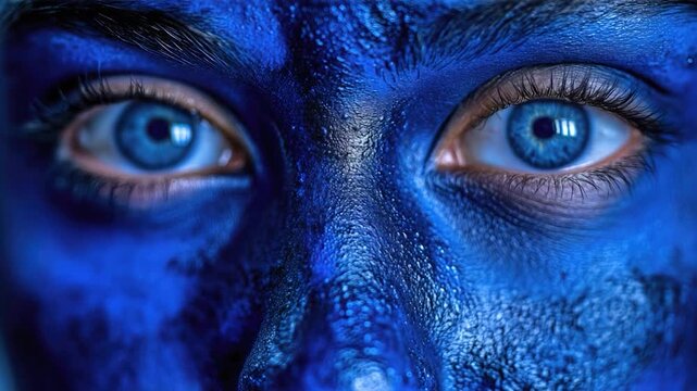A close-up shot of a person's face with blue paint, ideal for use in makeup tutorials or creative projects