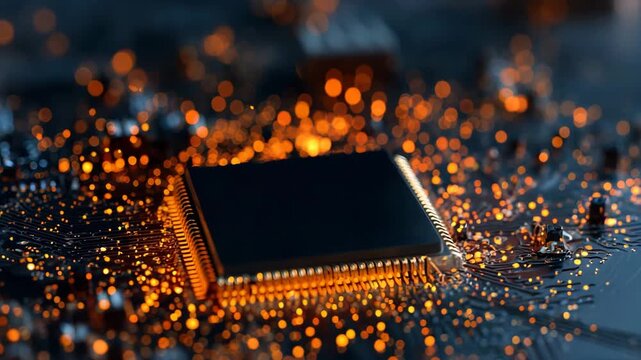 Exploring the intricate details of a computer chip on a circuit board with glowing lights and sharp components