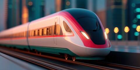 Modern high speed train, Modern high-speed train in an urban setting at dusk.