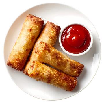 4 golden-brown egg rolls on white plate with ketchup isolated on transparent background