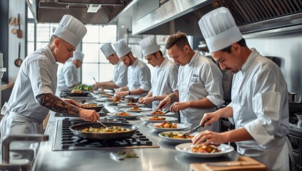 Professional Chefs Preparing Gourmet Dishes in a Busy Restaurant Kitchen During Dinner Service