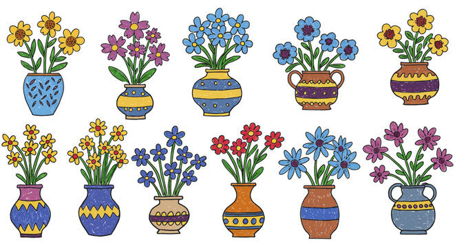 flowers in vases illustration an assortment of floral bouquets displayed in uniquely decorated vases ideal for spring themed designs and home decor projects
