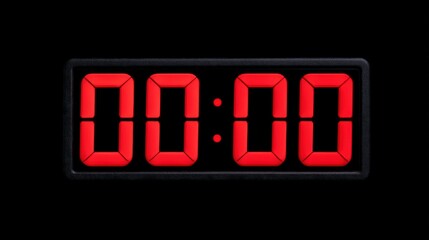 A digital clock displaying "00:00" in bright red against a black background, symbolizing the start or end of a timer.