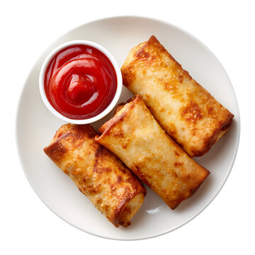 4 golden-brown egg rolls on white plate with ketchup isolated on transparent background