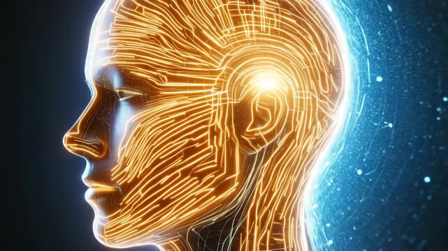 Exploring the intersection of technology and human consciousness through digital art representation in a futuristic, illuminated profile