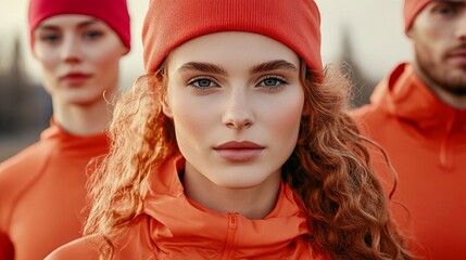 Obraz premium Woman with curly red hair wearing an orange beanie looks directly at the camera, with two other models blurred in the background.