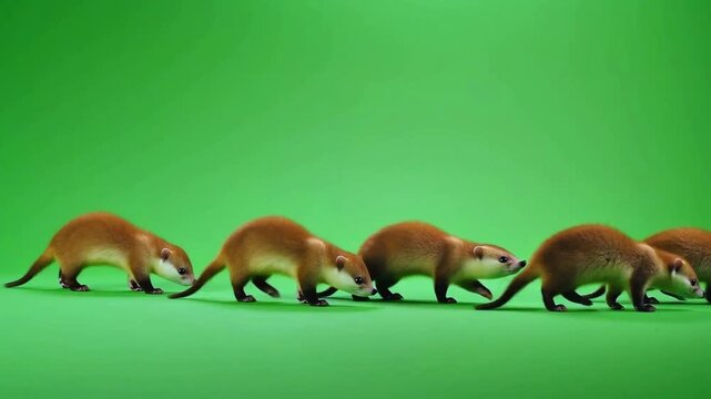 A group of weasels walking across a green screen background