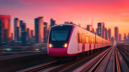 Fototapeta premium Modern high speed train, Modern train speeding through a vibrant cityscape at sunset.