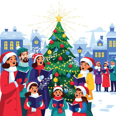 Group of people caroling in a snowy village street with decorated tree