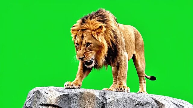 Majestic lion roaring on a hilltop with green screen background