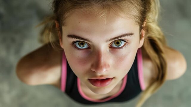 A young girl with a ponytail looks directly at the camera with a curious expression