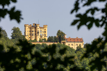 Beautiful views of Hohenschwangau castle in the German Alps surrounded by lush greenery