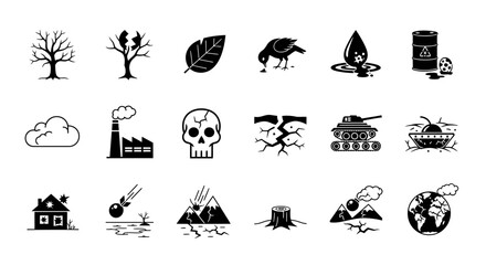 Environmental Disaster and War Icon Set – Black Silhouette Vecto