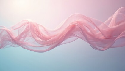 Flowing sheer pink fabric waves gently across a soft gradient background. Light passes through the delicate textile creating ethereal highlights and shadows.