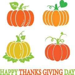 Four stylized pumpkins in orange yellow and green with leaves and text Happy Thanksgiving Day autumn