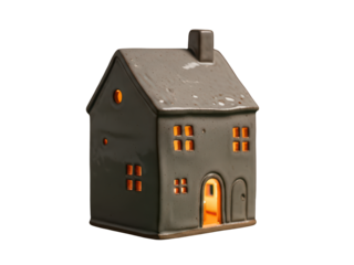 Mini ceramic house with light, isolated on transparent background
