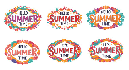 hello summer time message with colorful designs cheerful greeting perfect for seasonal marketing campaigns web banners and vibrant summer-themed projects.