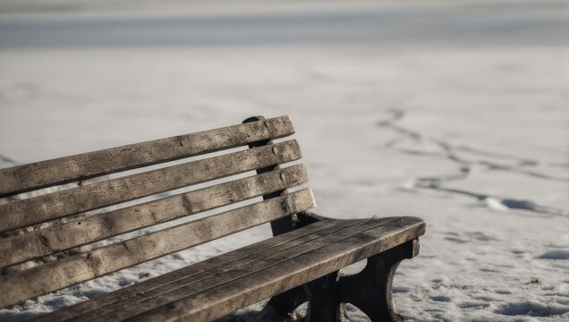 Weathered bench overlooking a serene beach landscape on a cloudy day.