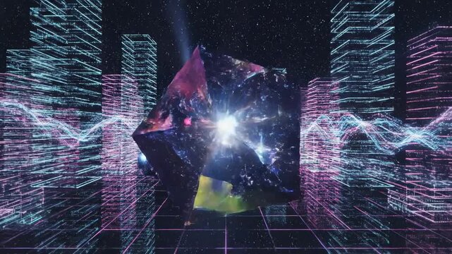 An Immersive Journey Through a Digital Cosmos: A Stunning Visual Symphony of Crystalline Structures and Vibrant Patterns Against a Starry Background