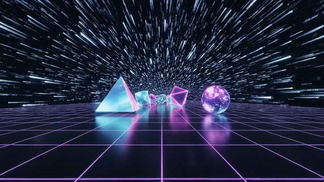 A Captivating Journey Through a Neon Galaxy of Geometric Shapes and Distorted Perspectives in a Futuristic Virtual Environment