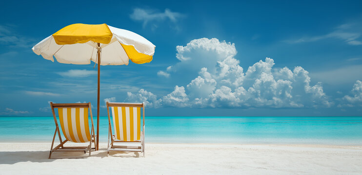 Two yellow striped beach chairs under a yellow and white umbrella on a white sand beach