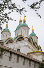 View of the domes of the Assumption Cathedral of the Astrakhan Kremlin on a cloudy autumn day