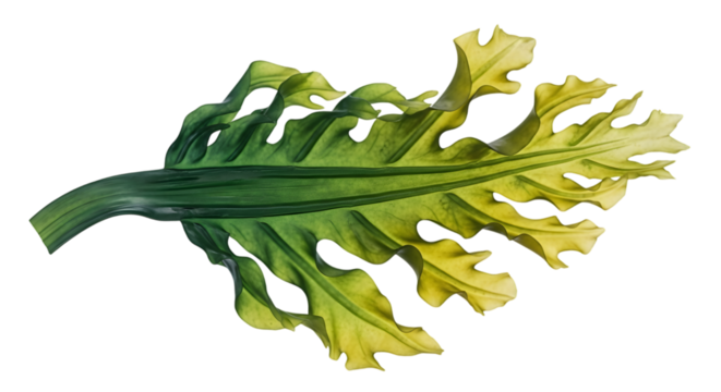 Detailed watercolor painting of a vibrant green and yellow leaf with intricate, wavy edges and a prominent central vein. - Powered by Adobe