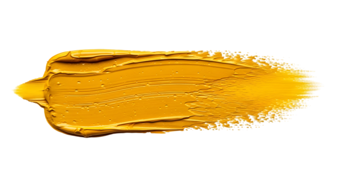 A vibrant, textured golden yellow paint stroke with a thick, creamy consistency on a clean white background.