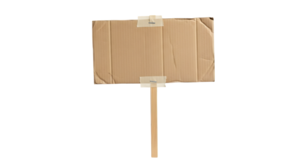 Blank cardboard sign with wooden stick on white background.