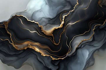 A luxurious abstract background with dark gray and black swirls and shimmering gold veins