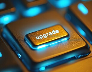 Golden keyboard key shows upgrade text. Computer technology concept of advancing system, software or hardware. Glowing blue lights shine around the button.