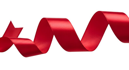 A single, flowing red ribbon curls elegantly against a stark white background.