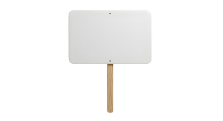 A blank white rectangular sign with rounded corners on a wooden stick, isolated on a white background.