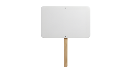 A blank white rectangular sign with rounded corners on a wooden stick, isolated on a white background.
