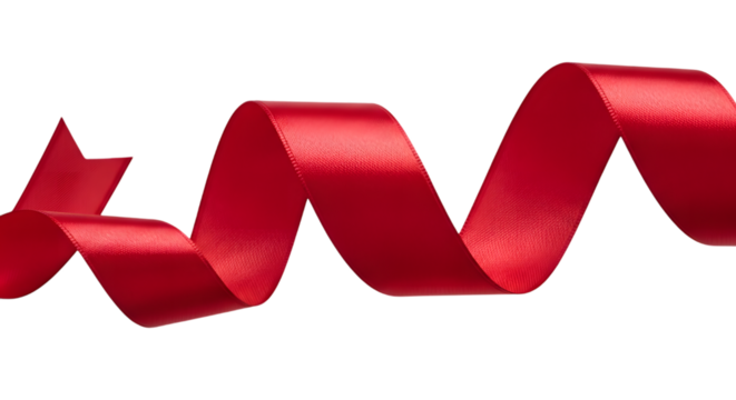 A single, flowing red ribbon curls elegantly against a stark white background.