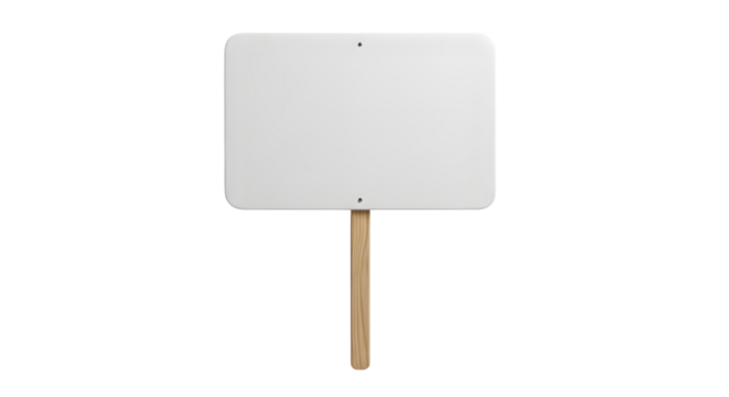 A blank white rectangular sign with rounded corners on a wooden stick, isolated on a white background.