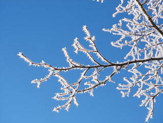 Hoar frost on tree branches against a clear blue sky in winter.