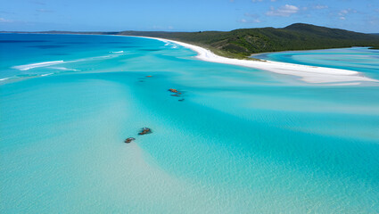 Aerial view of Whitehaven Beach, Whitsunday Island, Australia with stunning turquoise water and pristine white sand.