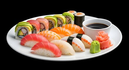 Assorted sushi rolls and nigiri on a white plate with soy sauce cup