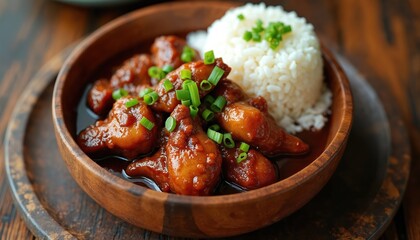 Chicken adobo served in wooden bowl with rice. Filipino dish cooked with soy sauce and vinegar. Traditional food is decorated with green onion.