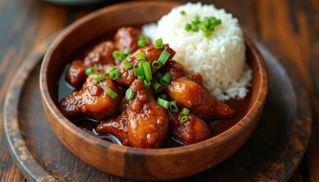 Chicken adobo served in wooden bowl with rice. Filipino dish cooked with soy sauce and vinegar. Traditional food is decorated with green onion.