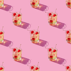 Seamless pattern with glass of cherry liquor.
