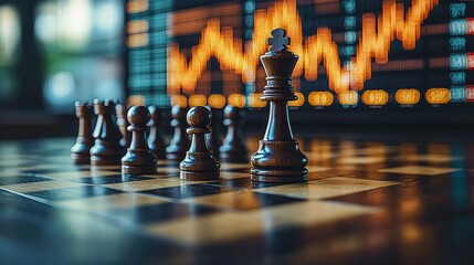 Chess king on board against stock market graph.